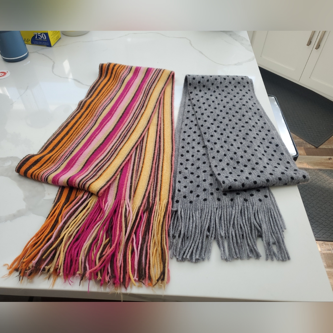 2 Euc Super Soft Tasseled Echo Striped & New Charter Polka Dot Scarves
